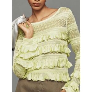 By Anthropologie Ruffle Open-Knit Sweater Lime Green Ruffle Sleeve Top Size XS